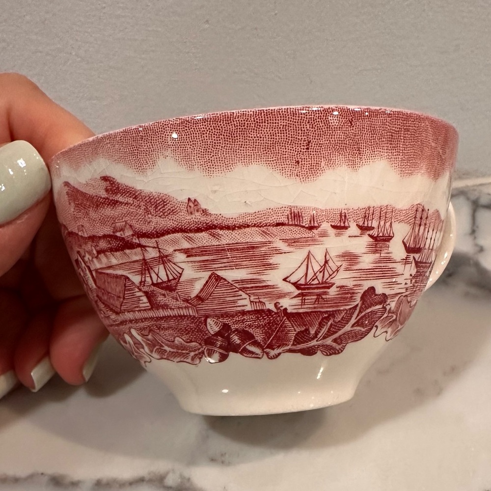 Scenic Red and White tea cup. Desirable red transfer ware.